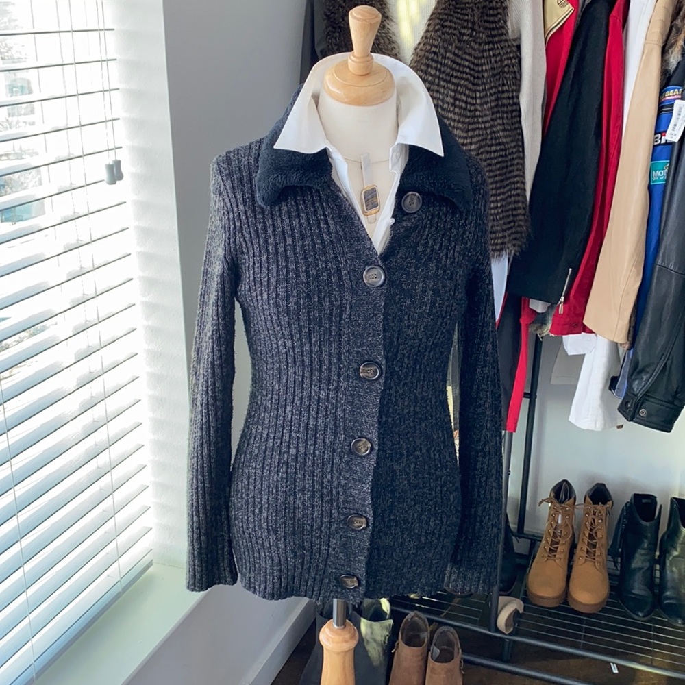 Cardigan sweater with fleece collar.  Black with tortoise shell buttons